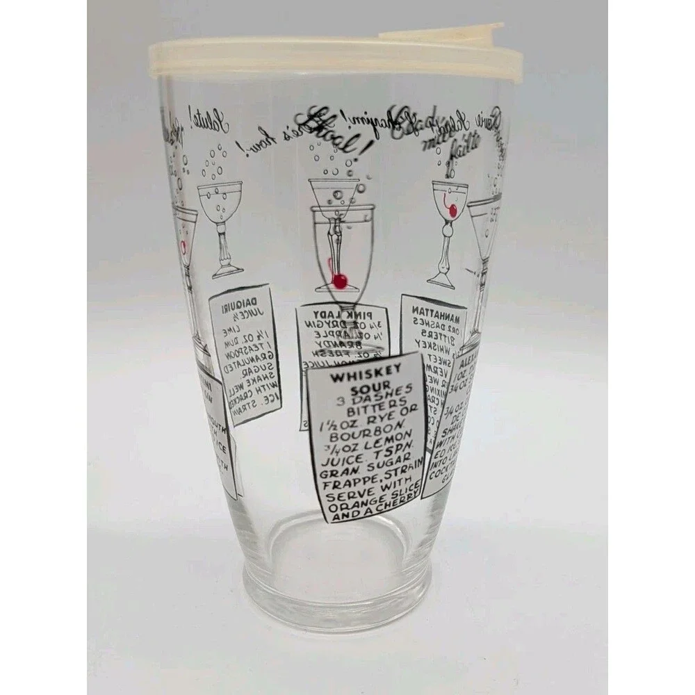 Vtg MCM XLarge 32-Oz Glass Cocktail Shaker Recipes 2 Lids Martini Daiquiri